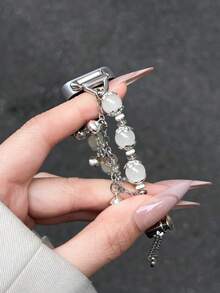 Correa de pulsera de metal con cuentas de piedra natural con forma de corazón, adecuada para Galaxy Watch 7/6/5/4 de 40 mm, 44 mm, 47 mm, 46 mm, 41 mm, Galaxy Watch 5 Pro de 45 mm, Galaxy Active 2, Galaxy Watch 3, de 18/20/22 mm, compatible con HW Watch 5/4/3/1 y GT6/5/4/3/2, así como HW Watch Fit3/Fit4 y HW Band 8/9/10NFC - Blanco - Ver 2