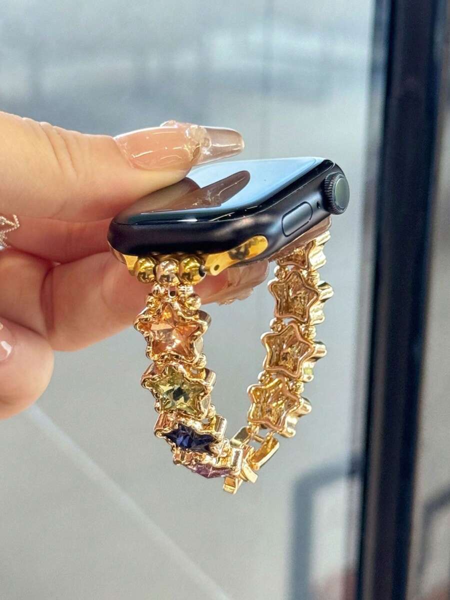 1 Piece Of Women's Colored Star Zirconia Strap Compatible With 38/40/41/42/44/45/46/49mm Compatible With Apple Watch Strap Ultra/Se10/9/8/7/6/5/4/3/2/1 - Gold - View 1