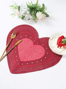 4pcs Red Valentines Day Heart-Shaped Linen Placemat, Embroidered Red Gillter Heart With Sequins Design Valentines Table Mats, Waterproof, Easy To Clean,Durable Tabletop Decoration, Dining Table Decoration, Table Centerpieces,Suitable For Home, Restaurant And Cafe,Holiday Wedding Decor