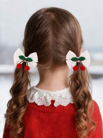 2件套女童灯芯绒樱桃蝴蝶结发圈发绳套装，适合日常装饰