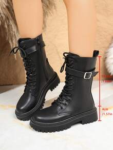 秋冬朋克风系带侧拉链女靴，配皮带扣，百搭踝靴 - 黑色 - 查看 6