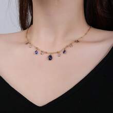 1 chiếc dây chuyền mặt dây hình giọt nước màu xanh dương thanh lịch, mạ vàng 18K trên chất liệu đồng, thời trang và đa năng, thích hợp đeo hàng ngày, tinh tế và ngọt ngào. - Vàng - Xem 7
