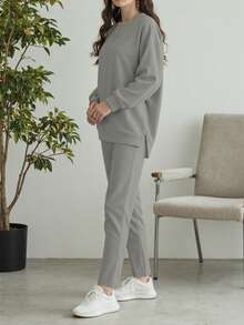 女士休闲纯色简约圆领长袖上衣，搭配女士休闲纯色简约圆领长袖上衣 - 淺灰色 - 查看 2