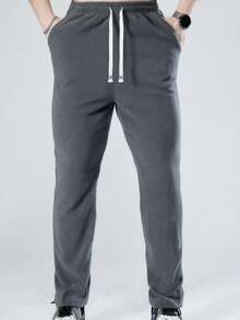 1PC-Men's Fleece Jogger Pants - Soft Thermal Outdoor Lounge Sweatpants, Elastic Waist Athletic Casual Trousers For Running Hiking Winter - Grey - View 6