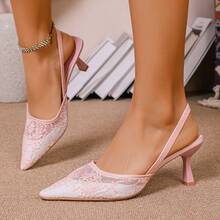女士7厘米高跟网纱花卉凉鞋，黑色尖头小猫跟套脚凉鞋，仙女风弹力高跟鞋 - 粉色 - 查看 13