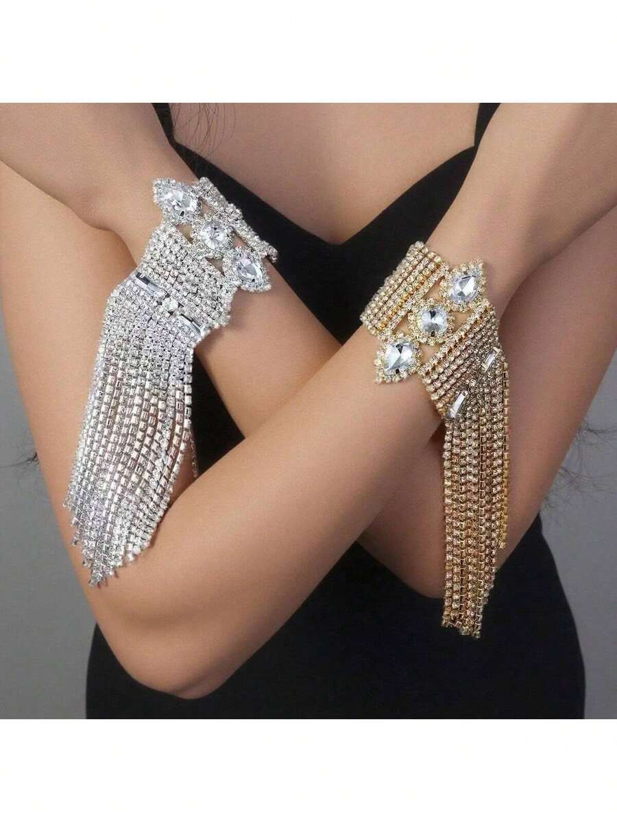 1 Inlaid Rhinestone Exaggerated Bracelet With Water Droplet Design For Women's Fashion Show Rhinestone Bracelet, Wedding Jewelry - Tassel Silver - View 1