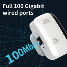 WiFi信号增强器、放大器/中继器、无线网络扩展器/增强器，速度高达2.4Gb/s，配备两个以太网端口，无需电池，电源适配器供电，适用于办公室和大型公寓，家庭桥接覆盖范围可达3000平方英尺以上，最多可连接60台设备，支持WPA3加密，欧标插头