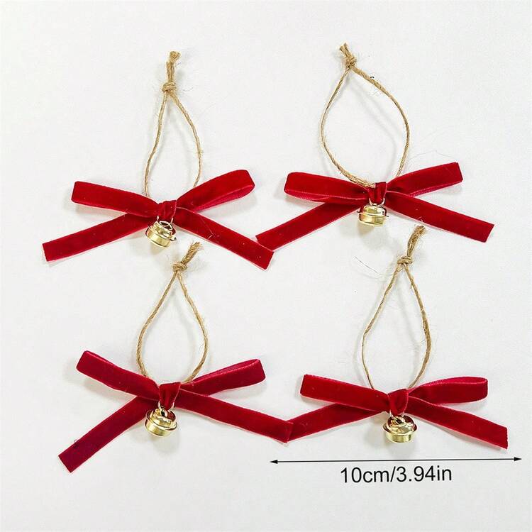 Adornos navideños de terciopelo con forma de lazo, adornos clásicos de campana, elegantes decoraciones colgantes para el hogar - Burdeos - Añade 7