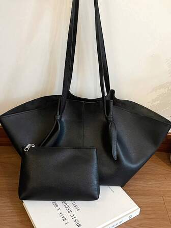 1个黑色手提袋，贝壳纹理，大容量，适合上学、通勤、购物及各种场合。