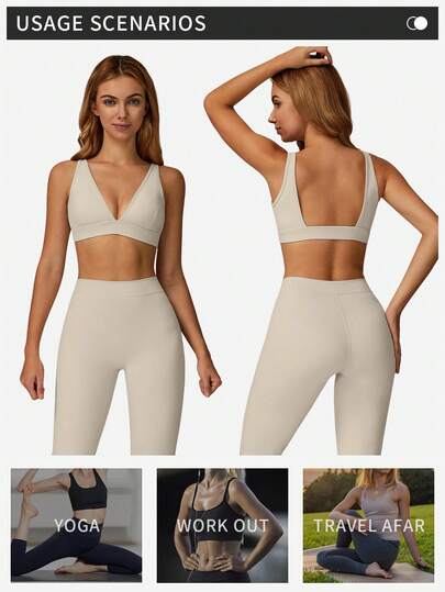 MFVIM Sports Set, Deep Neck Padded Wireless BH High Waist Flared Stretchy Pants, Slimming Wide Leg, Yoga, Pilates, Running, Com Tafel Skin Friendly Wear view 6