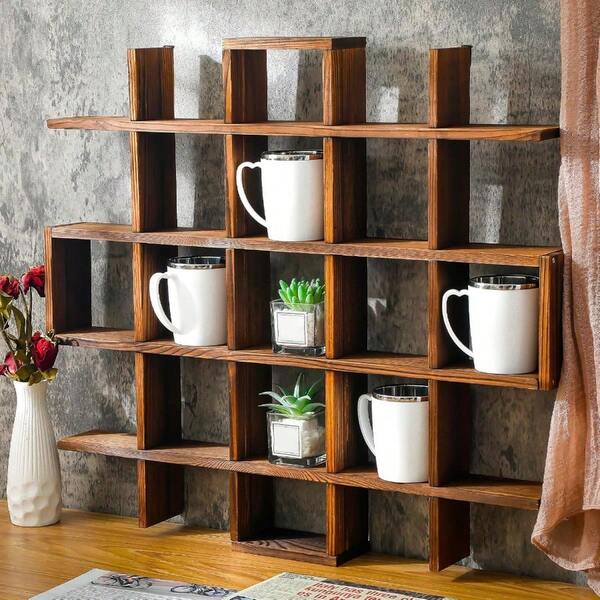Oversize Coffee Mug Display Rack Wooden Display Shees Rustic Wooden Floating Curio Shelf Travel Wall Mounted Coffee Mug Rack Holder Shadow Box Shelf Grid Size 5.1x5.1x3inRustic Brown
