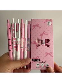 6pcs, Pink Bow Quick Dry Gel Pen, 0.5mm Fine Tip, Smooth Writing, Suitable For Office & Classroom Supplies, Teens Adults Home Office Family Education Classroom Writing Writing Writing Special Universal Writing Pen For Final Exam