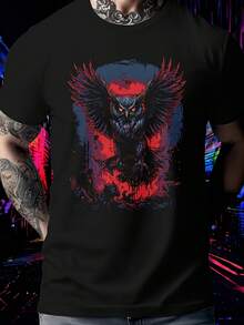 Mestic Owl In Flight Graphic Tee, Red And White Artistic Owl T-Shirt, Nature Inspired Bird Shirt, Uni Animal Top,This Fun Printed Casual T-Shirt Is The Perfect Gift For Valentine's Day/Christmas - 款式4 - 查看 1
