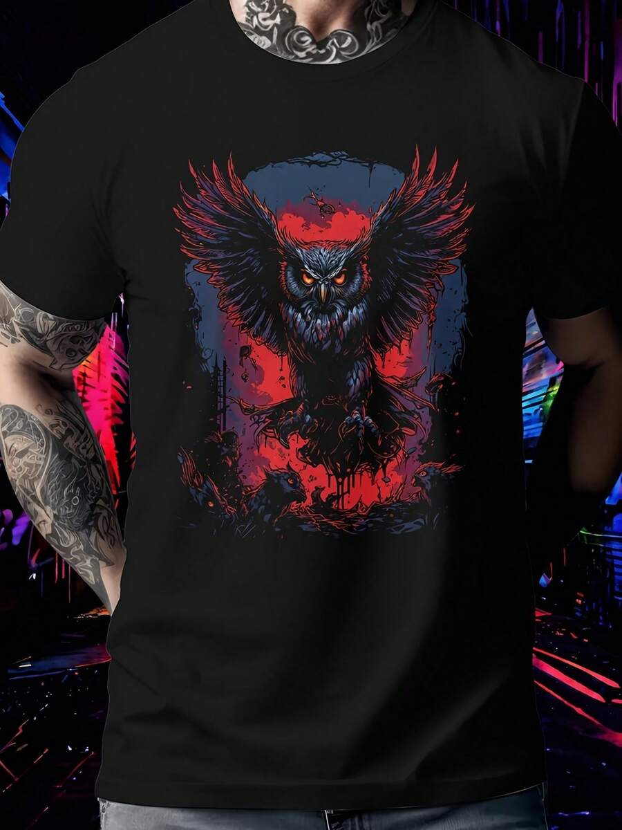 Mestic Owl In Flight Graphic Tee, Red And White Artistic Owl T-Shirt, Nature Inspired Bird Shirt, Uni Animal Top,This Fun Printed Casual T-Shirt Is The Perfect Gift For Valentine's Day/Christmas - 款式4 - 查看 1