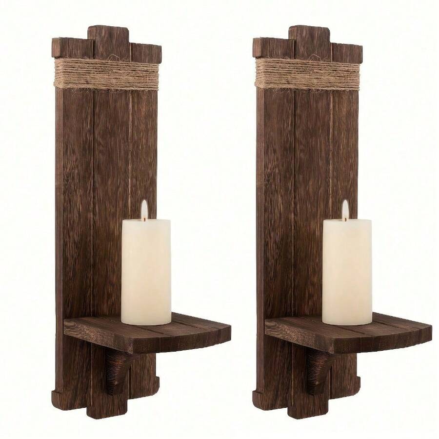 1 pezzo/2 pezzi Applique da parete in stile rustico per candele, in legno fatti a mano, da montare a parete, per camera da letto, soggiorno, cucina, bagno - Castano - Visualizzare 1
