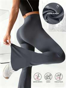 1pc Women's High Waist Flare Pants, Crossover Elastic Waistband Design, Casual Long Versatile Slim Fit Wide Leg Pants, Stretchy Polyester Fabric, Machine Washable, Accentuates Curves, Yoga/Fitness Tight Leggings, High Waist Naked Feeling Lift Tummy Control Trousers - Soft Fabric - Grey - View 4
