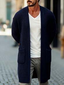男士宽松针织开衫，长袖V领口袋休闲毛衣外套，秋冬款 - 寶藍色 - 查看 3