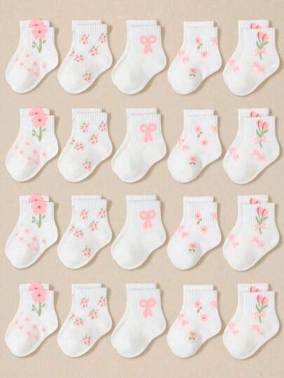 10 Pairs Baby Bow Polka Dot Lace Mid-Calf Elastic Socks, White, Autumn/Winter