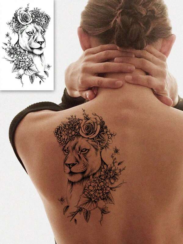 1pc Waterproof Temporary Tattoo, Tiger & Flower Combination Design, Sexy Animal Tattoo For Women's Waist & Thigh, Black Lion Pattern Paper Tattoo Sticker, Applicable For Arm, Leg, Waist, Back, Realistic One-Time Fake Tattoo Sticker