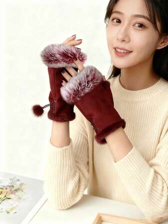 纯色多功能女士露指手套，带绒球装饰，天鹅绒系带设计，蓬松白色装饰，时尚冬季保暖配饰，多种颜色可选+冬季装备+手套熊+圣诞节
