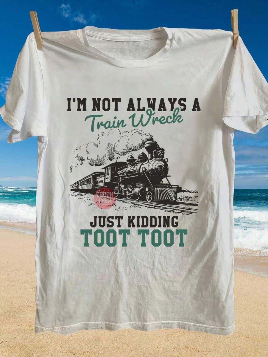 Camiseta divertida para amantes de los trenes para hombres - "No siempre soy un desastre de tren" - Camiseta de algodón pesado con cuello redondo - Camiseta blanca con gráfico de tren negro - Talla grande, atuendo casual - Lavable a máquina, atuendo de fin de semana, diseño de impresión llamativa, tela cómoda, camiseta de manga corta, amantes del humor, TALLA GRANDE - Blanco - Ver 1