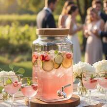 2 Gallon Glass Beverage Dispenser With Wooden Lid Large Square Mason Jar Drink Container With Stainl Steel Spigot Big Batch Iced Tea Lemonade Water Or Party Drinks - Nắp gỗ màu nâu - Xem 4