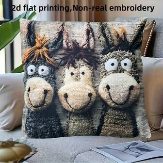 1pc Vintage Style Zipper Donkey Decorative Pillow Case, 2D Printed Non-Embroidered Plush Cushion Cover, Machine Washable Contemporary Design, Suitable For Sofa, Bed, Living Room Decor