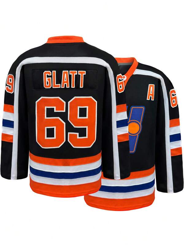 KTYSDE Men's #69 Hockey Jersey, Embroidered Patchwork Design Hockey Sweatshirt, Loose V-Neck Long Sleeve Pullover Sportswear, Suitable For Ice Hockey Movie Fans And Retro Sports Enthusiasts