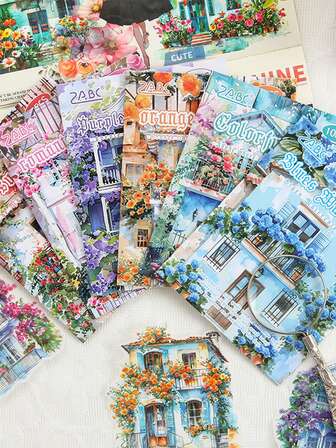 10pcs/Package Exquisite Patterned Stickers, A Combination Of Floral And House Designs For Doodle Stickers, Used For Decorating Study Stationery, Scrapbooks, And Artworks