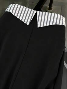 女士新款时尚条纹撞色拼接灰色卫衣通勤套装，两件套上衣和裙子，黑色春季款 - 黑色 - 查看 5