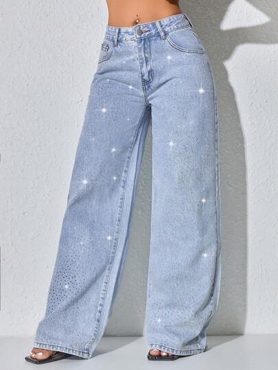 Low-Waist Wide-Leg Casual Blue Jeans With Slant Pockets & Beaded Decor For Women
