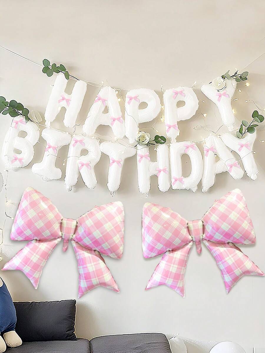 35/37件套白色和粉色生日快乐蝴蝶结气球套装，包含白色生日快乐横幅气球、粉色缎带蝴蝶结气球、粉色格子蝴蝶结气球，适用于公主主题生日派对装饰、蝴蝶结生日装饰、生日、情人节、家庭生日派对、婚礼、拍照装饰、新娘送礼会、单身派对、户外拍照装饰、拍照道具。 - 彩色 - 查看 1