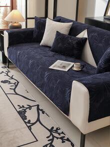 1pc Chenille Sofa Cover, 3D Floral Pattern, Minimalist Surprise Style, Anti-Slip & Anti-Scratch Protection, All Season Sofa Cushion, Home Decor - Navy Blue - View 4