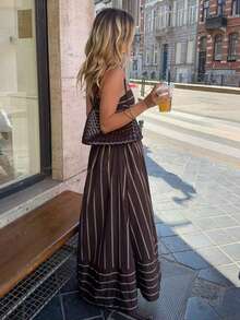 条纹优雅休闲派对露背系带连衣裙，海滩度假装，春夏款 - 彩色 - 查看 2