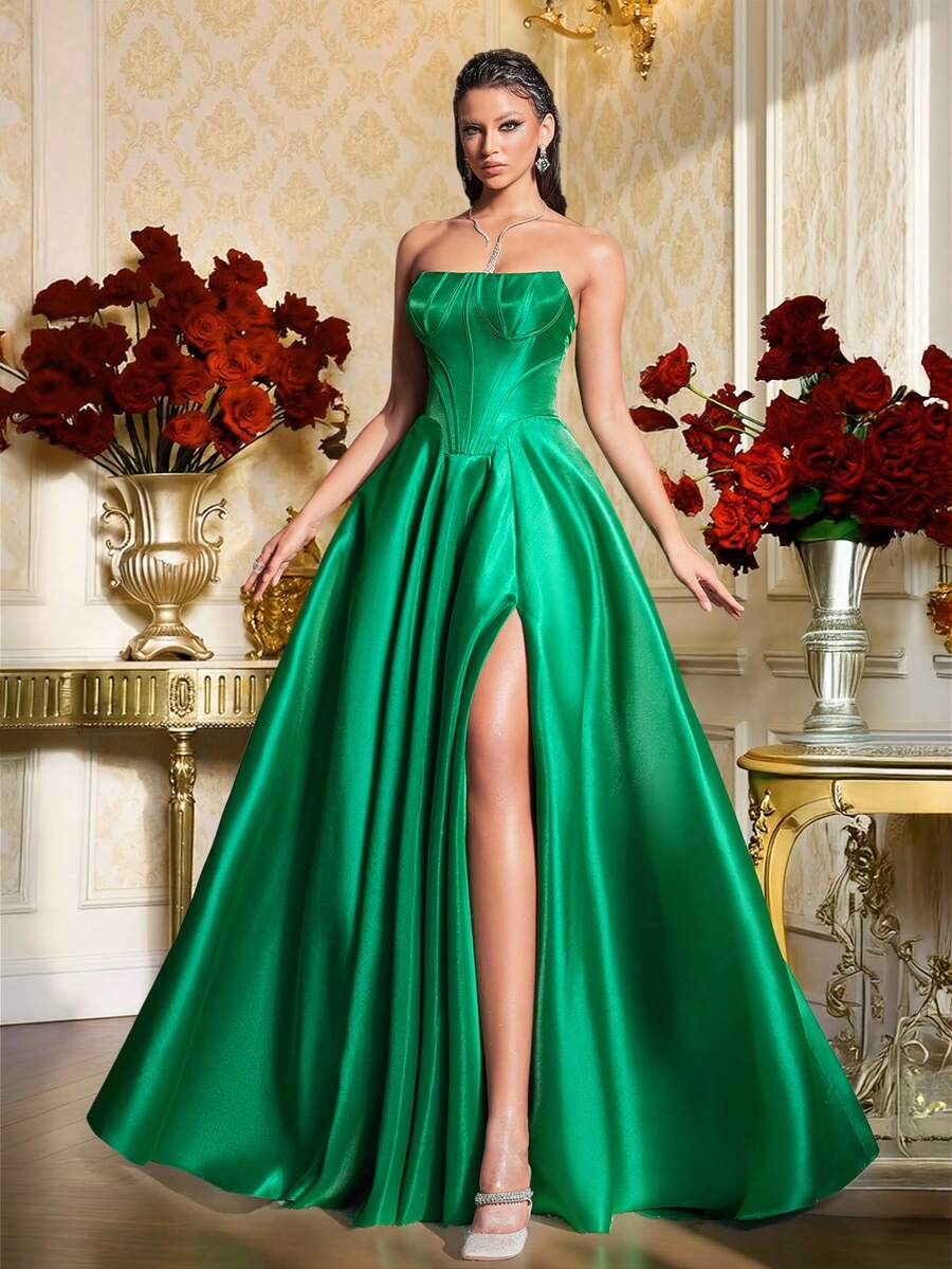 VIPGIRL Đầm dạ hội satin màu xanh ngọc lục bảo sang trọng, không dây vai, xẻ tà cao - Đầm dạ hội trang trọng, thanh lịch. - màu xanh lá - Xem 1
