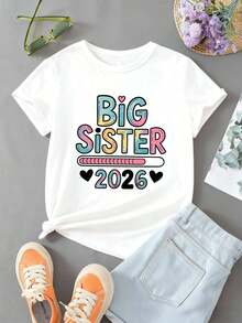 Camiseta juvenil ?Hermana Mayor 2026?, 100% algodón, cuello redondo, corte holgado, transpirable, estilo moderno y adorable. - Blanco - Ver 3