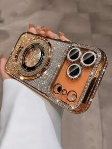 Luxury Bling Glitter Camera Rhinestone Ring Holder Gradient Sequins Plating Phone Case Compatible With IPhone 17 Pro Max Air 16 15 14 13 12 Pro Max Mini Girl And Women Orange Silvery Pink Bracket Case JGUT - 金色 - 查看 4