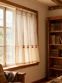 1件乡村风格格子拼接咖啡帘帘幔 - 米色格子图案，柔软亚麻面料，红色樱桃装饰，四季皆宜，复古农舍风格短款咖啡帘，适用于客厅、厨房、浴室窗户装饰 - 米色 - 查看 10