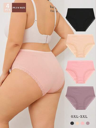 FINETOO 4pcs Plus Size Women Solid Color Lace Trim Hipster Panties, Comfortable Casual Minimalist Plus Size Underwear, Suitable For Daily Wear
