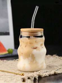 1-Piece Glass Coffee Cup, Beautiful Drinking Cup For Iced Coffee, Tea, Juice, Unique Coffee And Tea Cup, Modern Waveribbed Design, Summer Cold Drink Cup, Bar Glassware, Female Creative Gift, Household And Kitchen Essentials