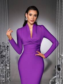 女士紫色V领长袖褶皱绷带派对连衣裙，优雅鸡尾酒会正式礼服，适合生日、婚礼宾客、毕业典礼、晚宴、返校节等场合，春季新款 - 紫色 - 查看 8