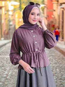 新款穆斯林女士斋月领口单扣收腰长裙套装，上衣+裙子两件套，不含头巾 - 淺灰紫 - 查看 5