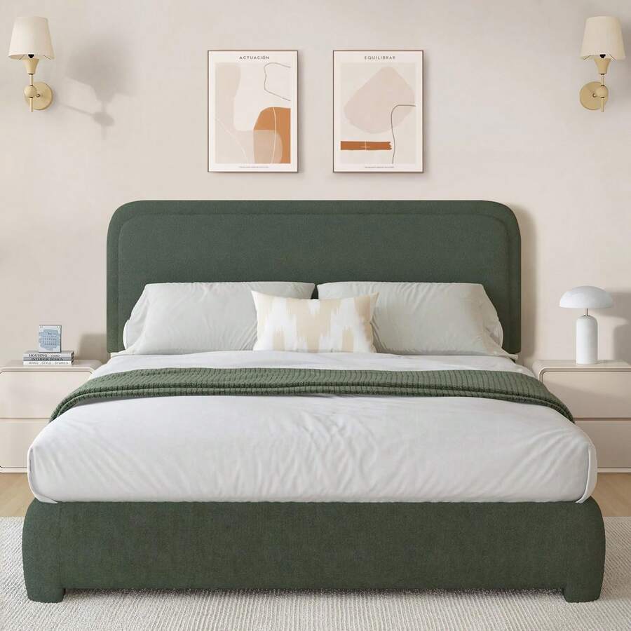 HOMBCK Twin/ Full/ Queen/ King Size Bed Frame, Boucle Upholstered Platform Bed With Headboard, Modern Style, Soft Rounded Corners, No Box Spring Required, Easy Assembly, Beige/ Grey/ Pink/ White/ Light Grey/ Black/ Green - 綠色 - 查看 1