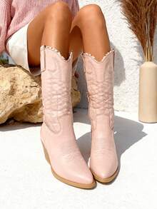 High-Quality Women's Cowboy Boots With Thick Heels, Punk Y2K Style, Mid-Calf Boots For Women's Jackets - Baby Pink - View 2