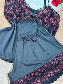 Short Doll Women's Pajama Set/ Two-Tone Lace - black red - View 2