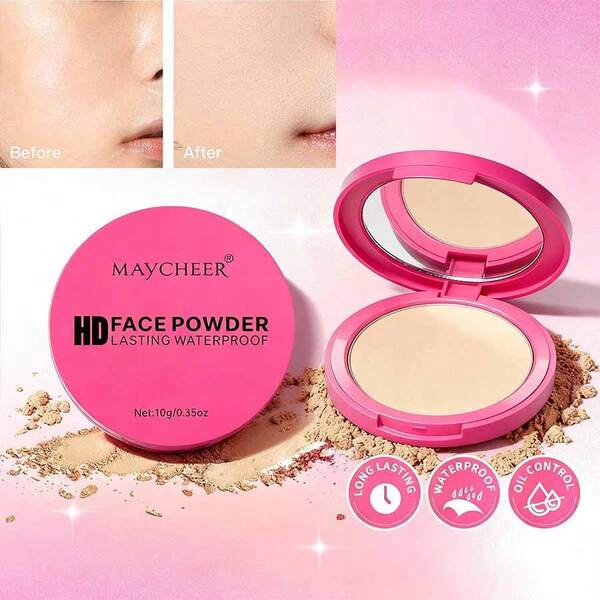 Polvo rosa, enfoque suave para ocultar los poros con acabado mate y brillante, control de aceite, resistente al agua, resistente al sudor, maquillaje de larga duración, ligero, transpirable y aclara el tono de la piel.