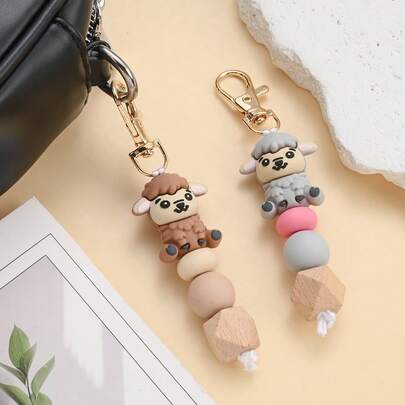 1 pieza Llavero con cuentas de silicona con diseño de oveja de dibujos animados, colgante de llavero multifuncional con tema de animales lindos, decoración para bolso/billetera/zapato