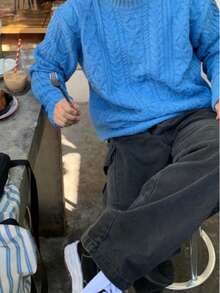 Men's Textured Crew Neck Long Sleeve Casual Loose Pullover Sweater, Versatile For Daily Wear, Autumn/Winter - Royal Blue - View 4