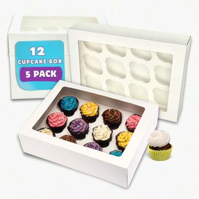 PACK N TRADE 5 Pcs Cupcake Boxes 12 Hole - Removable Inserts Deep Cake Boxes For Cupcakes – White Cup Cake Boxes (33 X 24.2 X 7.5 Cm) With Clear Window - Ideal For Muffins, Cupcakes