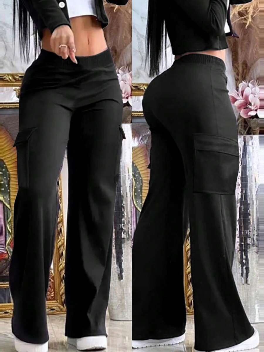 VIVINA 女士纯色口袋工装高腰休闲百搭简约设计长裤，秋冬款，黑色 - 黑色 - 查看 1